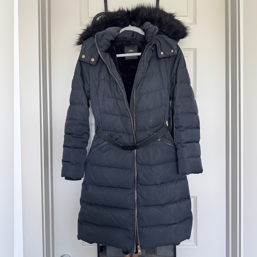 Zara Long Down Navy Blue Jacket Medium